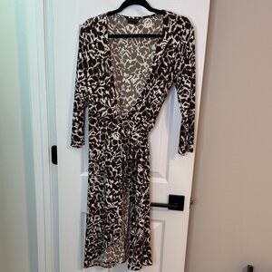 Brown and White Leopard Print Wrap Dress
